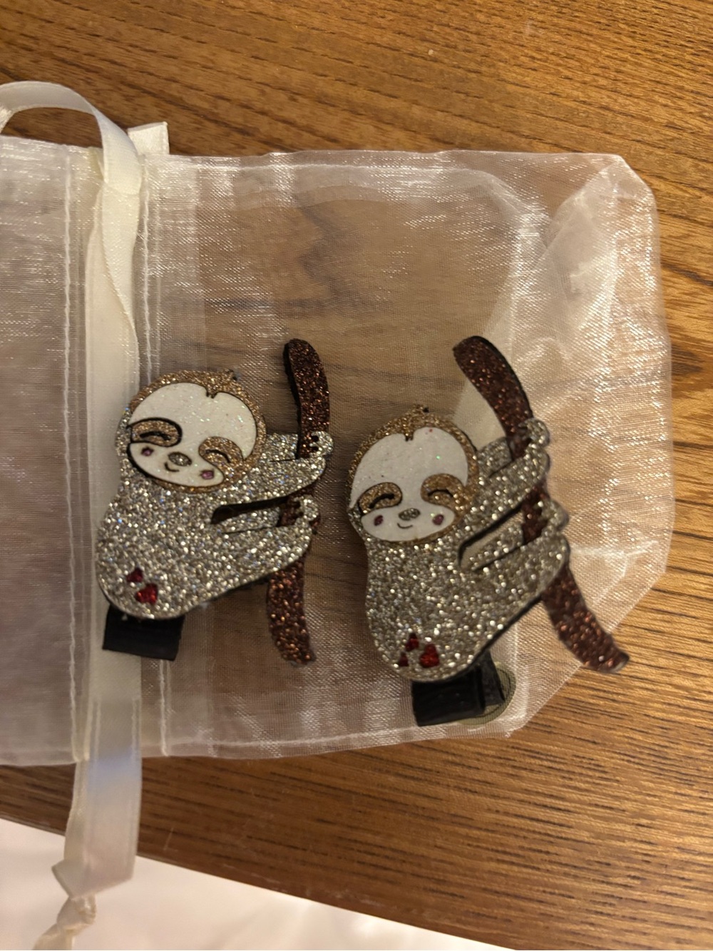 Glitter Sloth Hair Clips for Kids - Silver & Brown